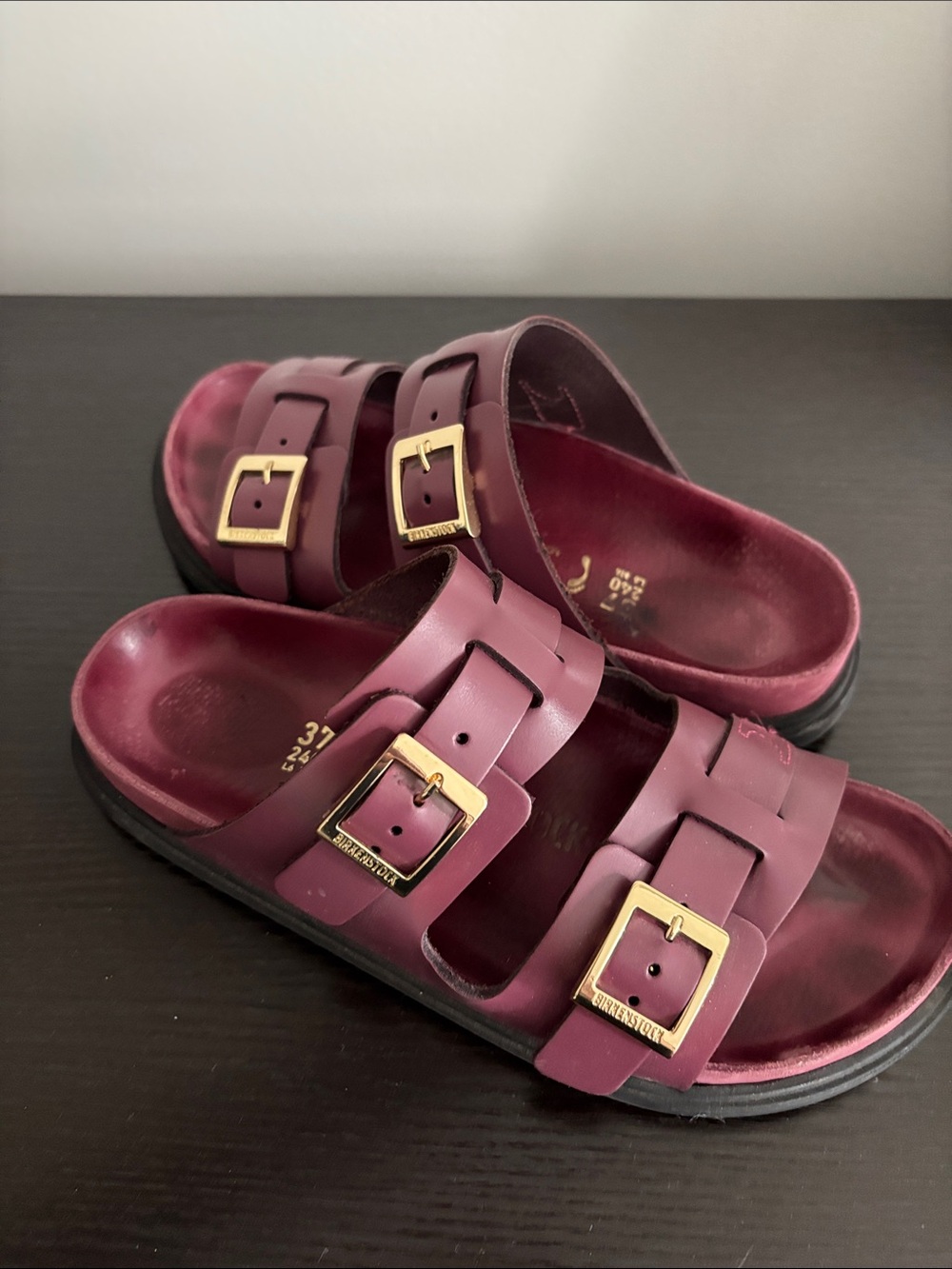 Birkenstock leather Double Buckle Slide Sandals - Burgundy with Gold Buckles
